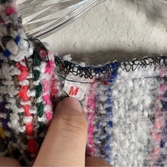 Womens White Multi Striped Knit Hoodie Sweater Boxy Pullover Hippie Size Medium - Picture 3 of 6